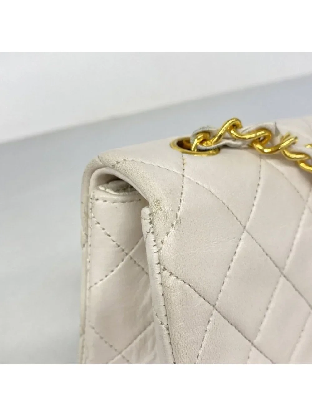 Chanel Shoulder Bag Quilted Lambskin White Gold
